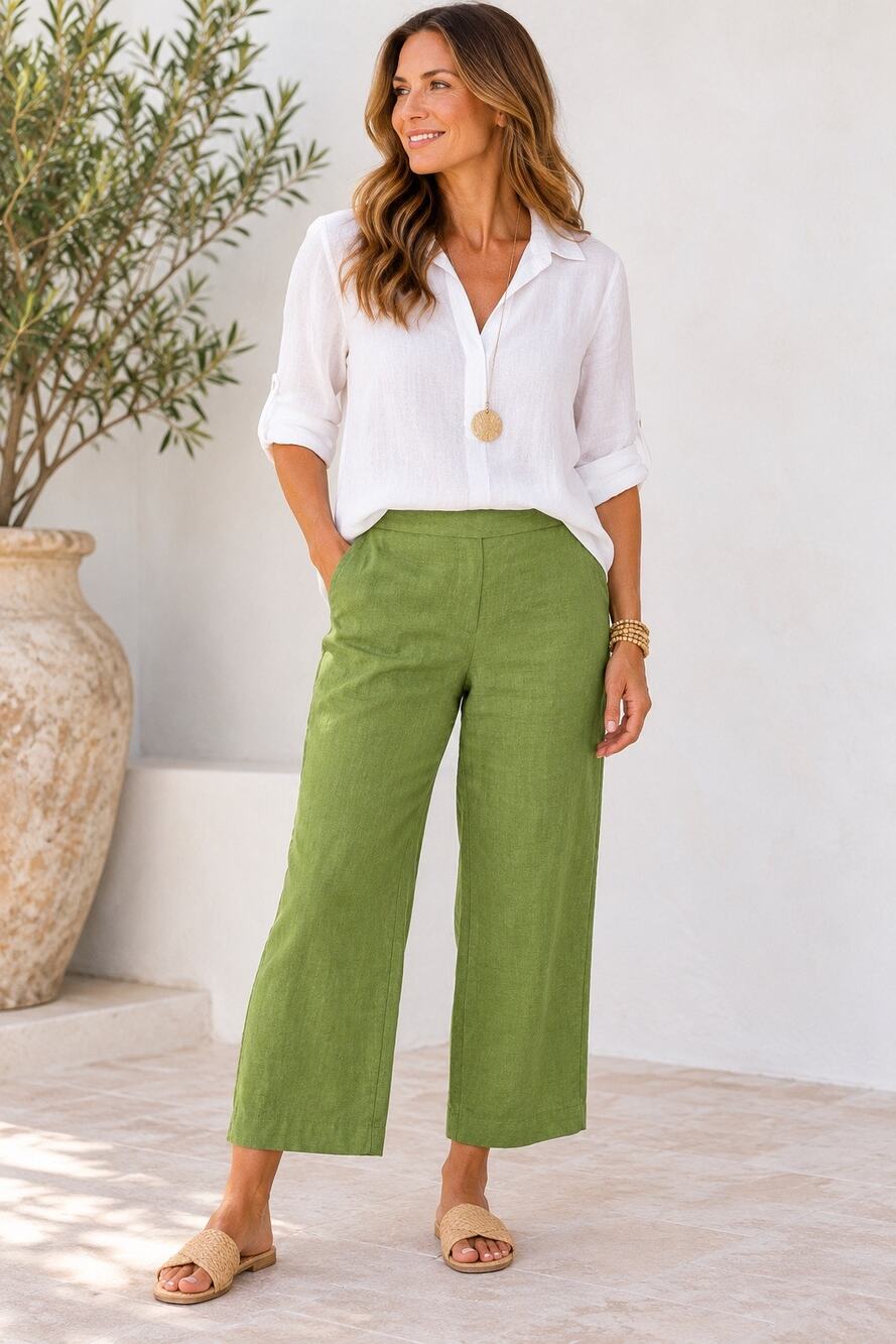Eileen Fisher Pants L Green 100% Irish Linen Wide Leg Cropped Side Zip